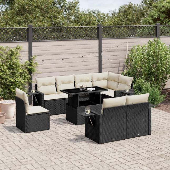 9-delige Loungeset met kussens poly rattan zwart