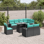 9-piece garden sofa set with cushions in black poly rattan