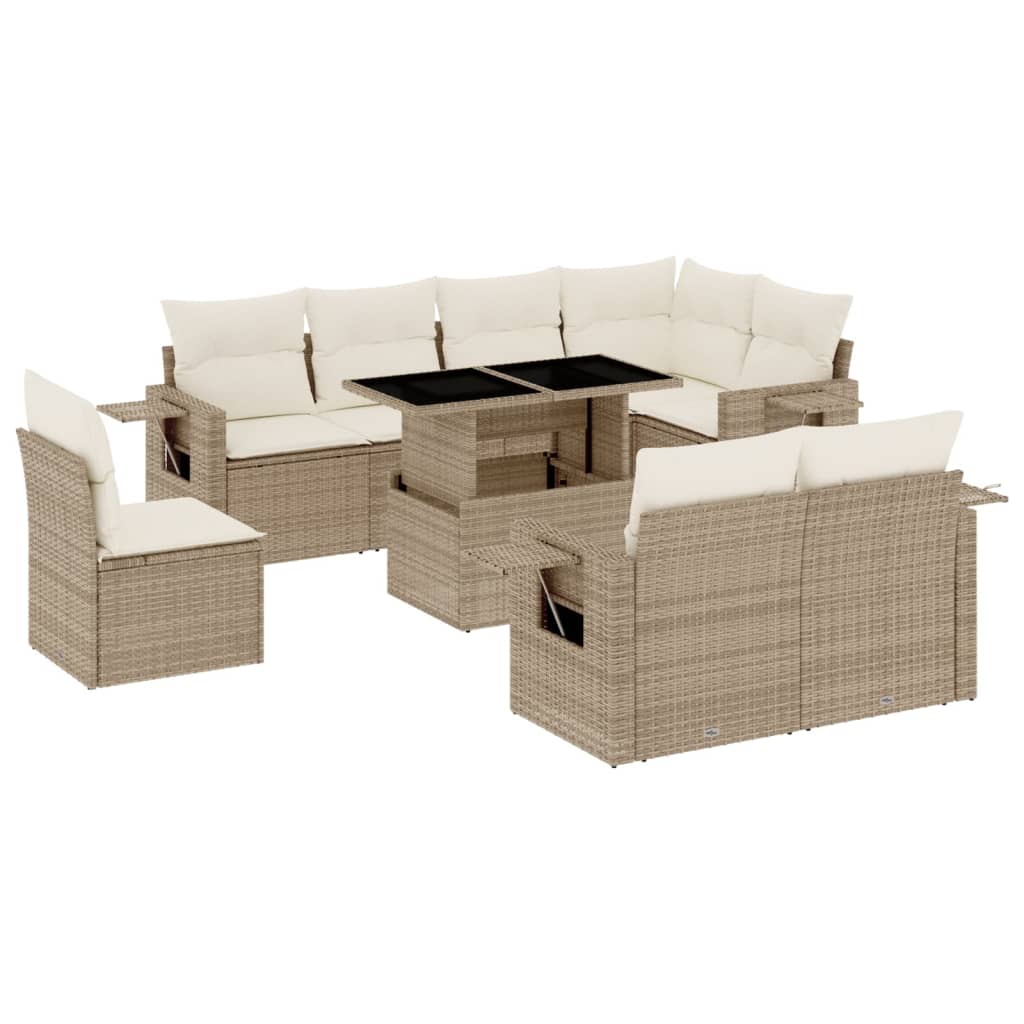 9-delige Loungeset met kussens poly rattan beige