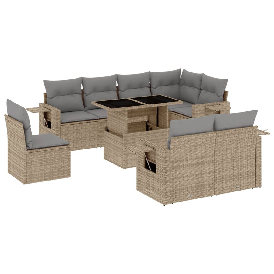 9-delige Loungeset met kussens poly rattan beige