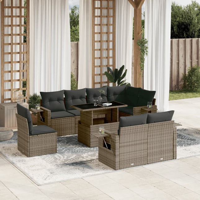 9-delige Loungeset met kussens poly rattan grijs