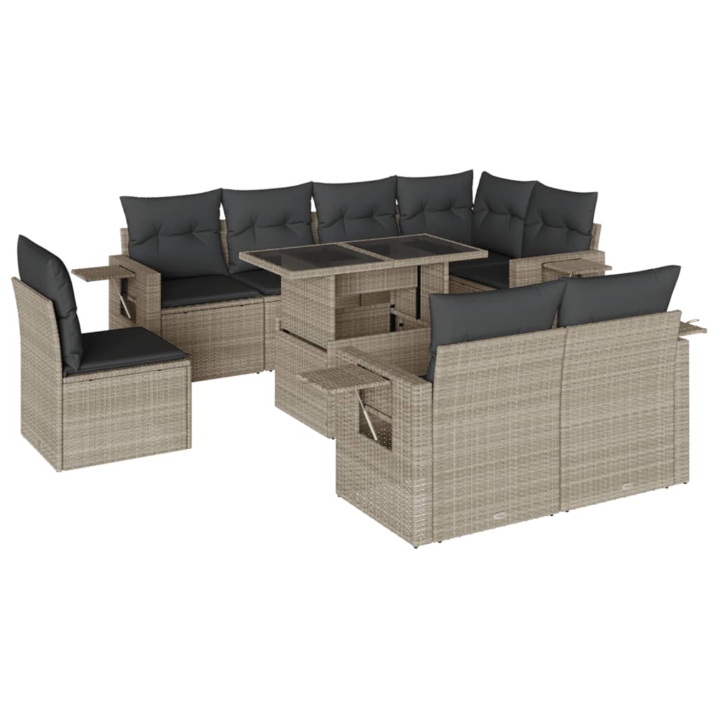 9-delige Loungeset met kussens poly rattan lichtgrijs