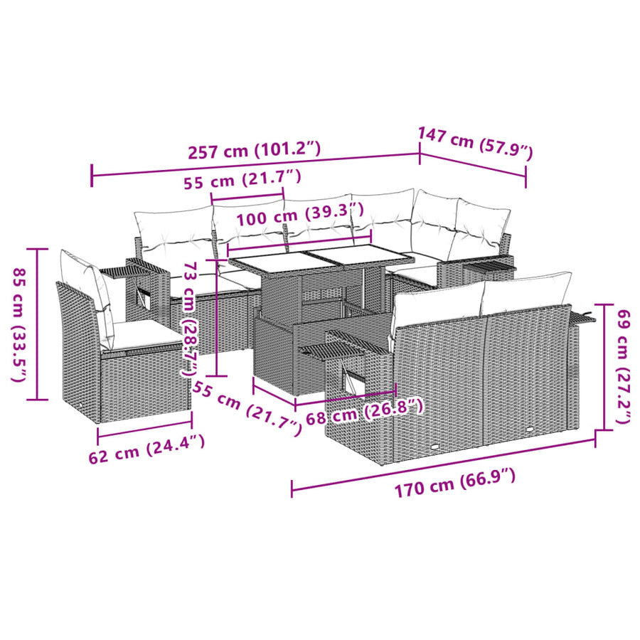 9-delige Loungeset met kussens poly rattan lichtgrijs