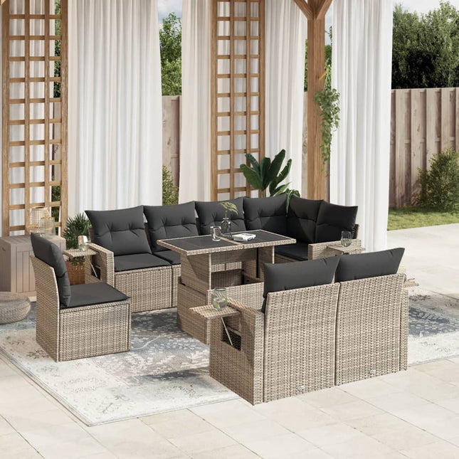 9-delige Loungeset met kussens poly rattan lichtgrijs