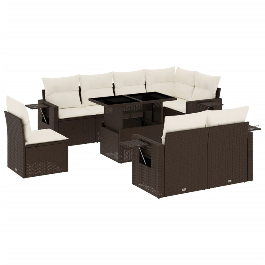 9-delige Loungeset met kussens poly rattan bruin