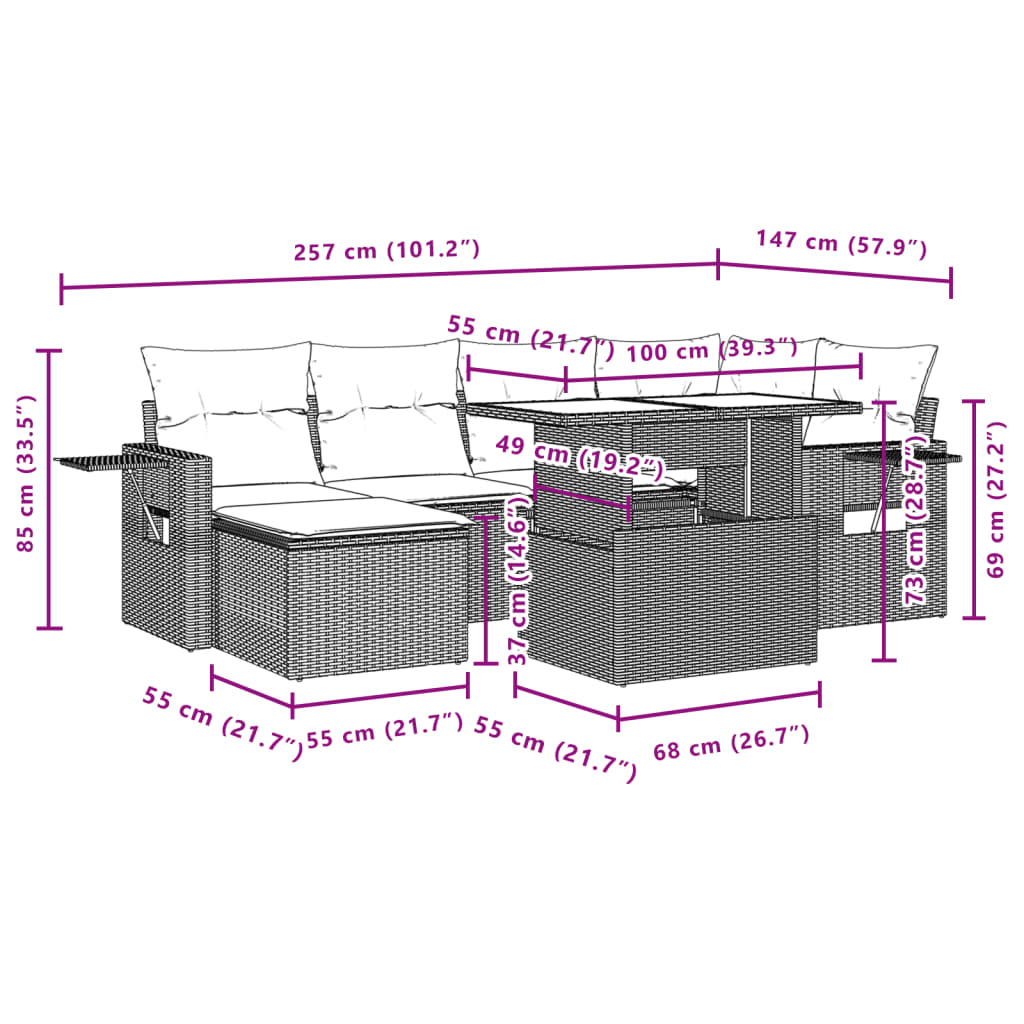 7-delige Loungeset met kussens poly rattan zwart