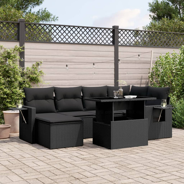 7-delige Loungeset met kussens poly rattan zwart