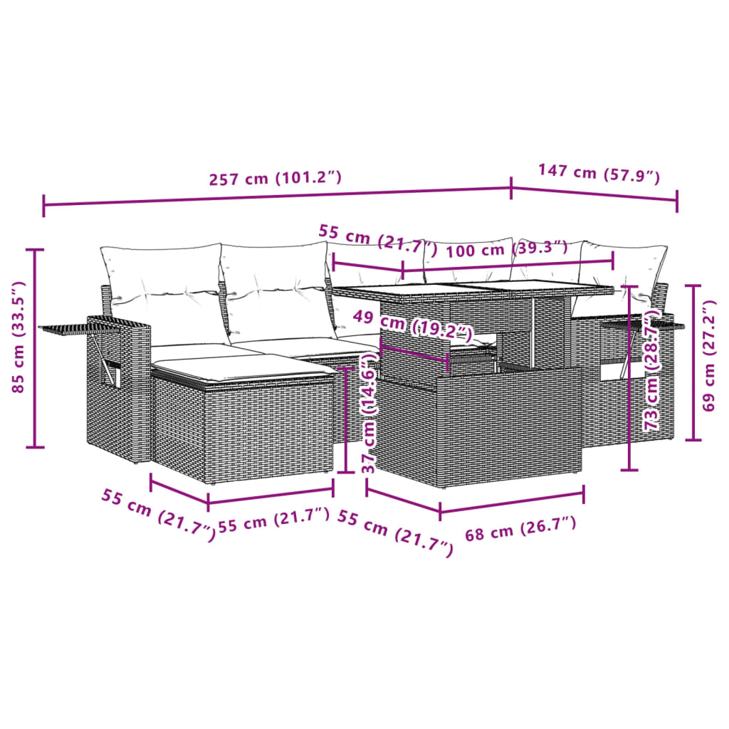 7-delige Loungeset met kussens poly rattan zwart