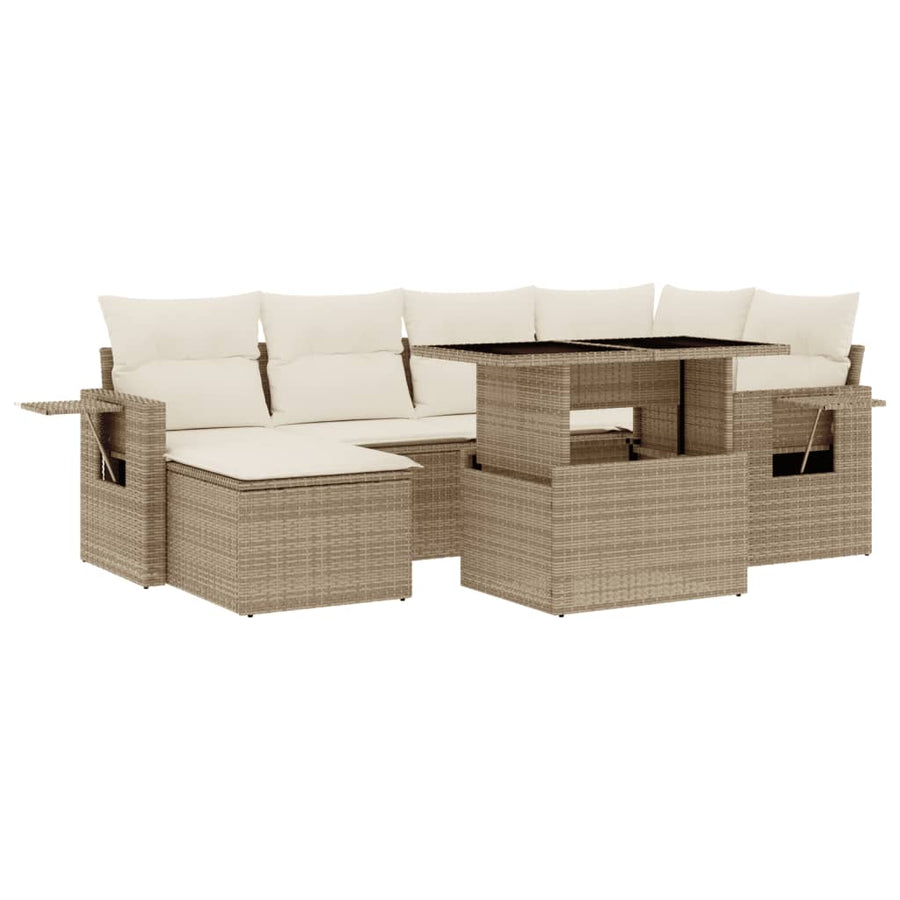 7-delige Loungeset met kussens poly rattan beige