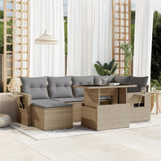 7-piece Lounge Set with Cushions Poly Rattan Beige