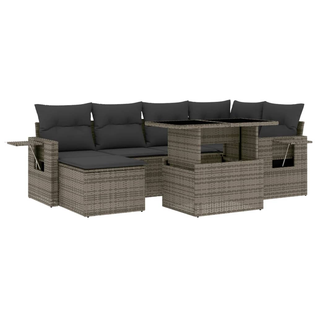 7-delige Loungeset met kussens poly rattan grijs