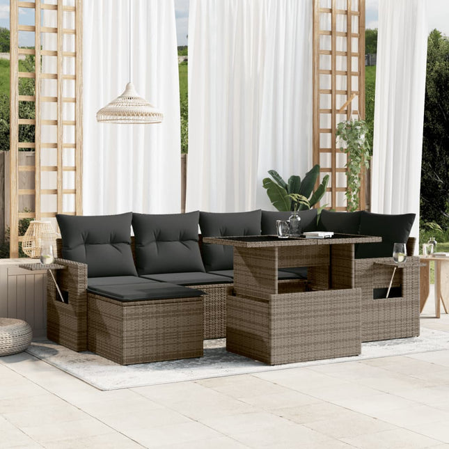 7-delige Loungeset met kussens poly rattan grijs