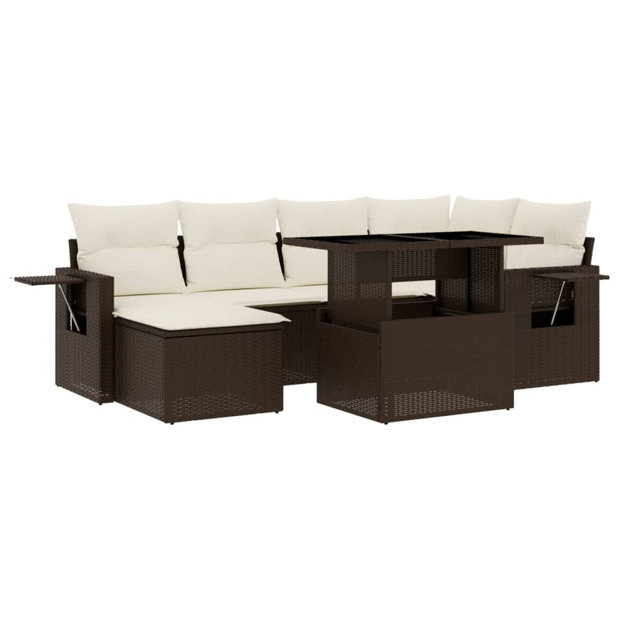 7-delige Loungeset met kussens poly rattan bruin