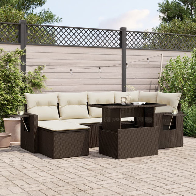 7-delige Loungeset met kussens poly rattan bruin