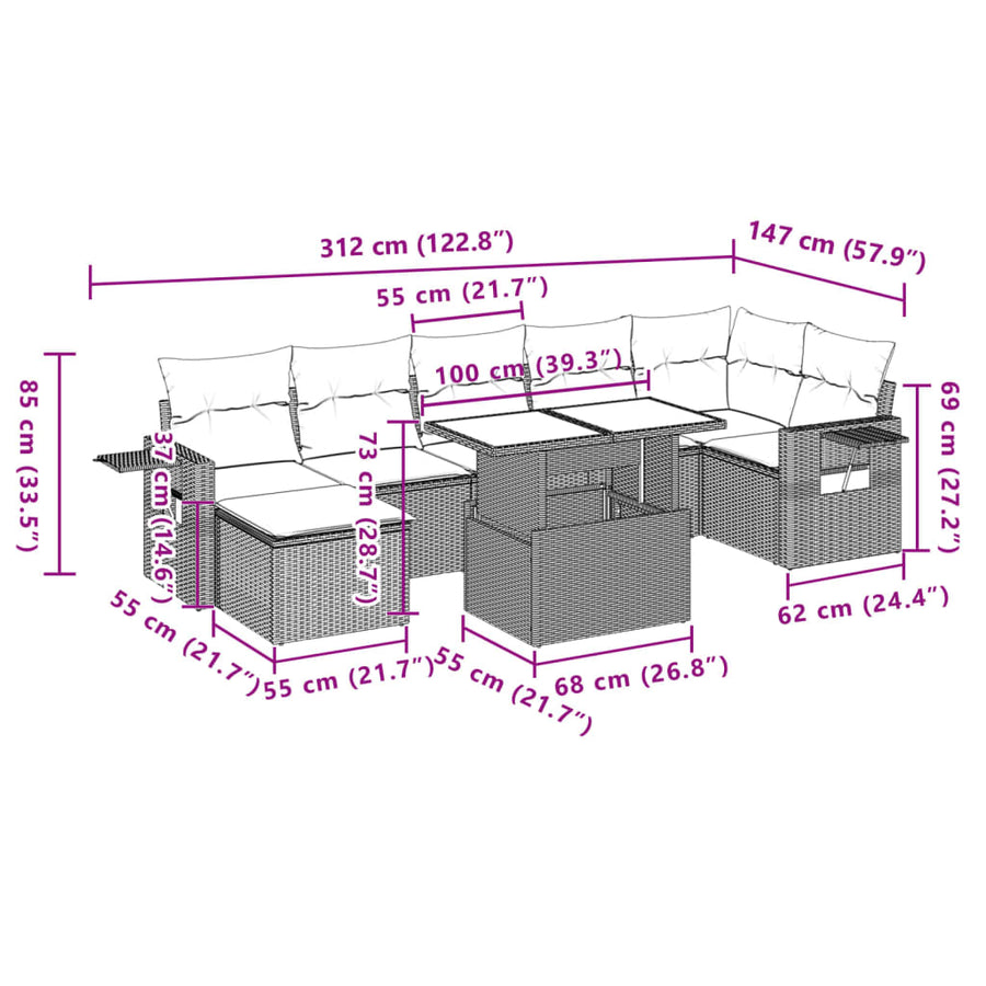 8-delige Loungeset met kussens poly rattan zwart