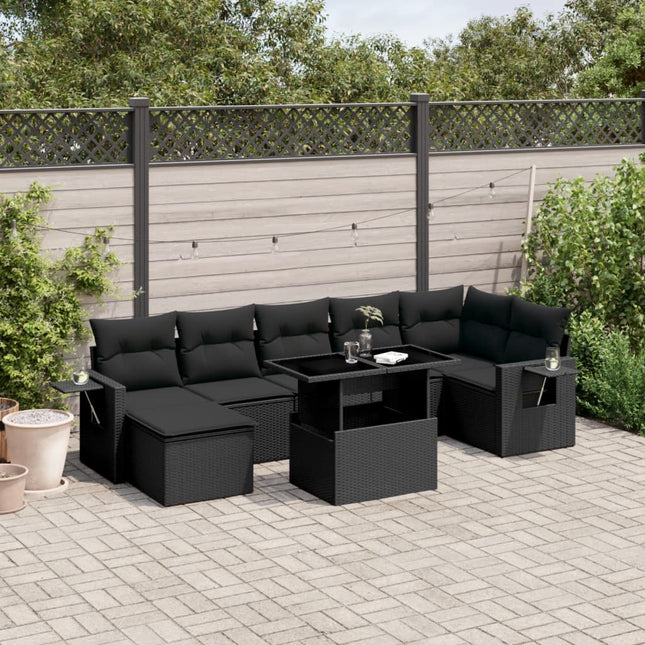 8-delige Loungeset met kussens poly rattan zwart