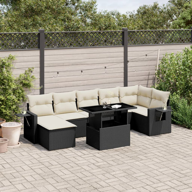 8-delige Loungeset met kussens poly rattan zwart