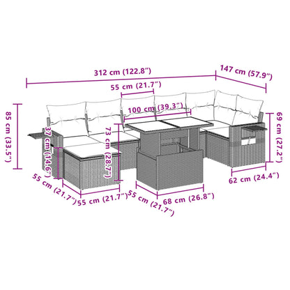 8-delige Loungeset met kussens poly rattan grijs