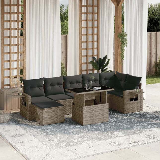 8-delige Loungeset met kussens poly rattan grijs