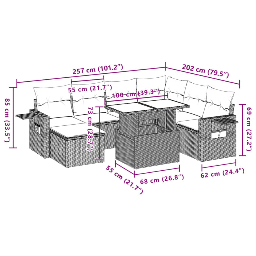 8-delige Loungeset met kussens poly rattan zwart