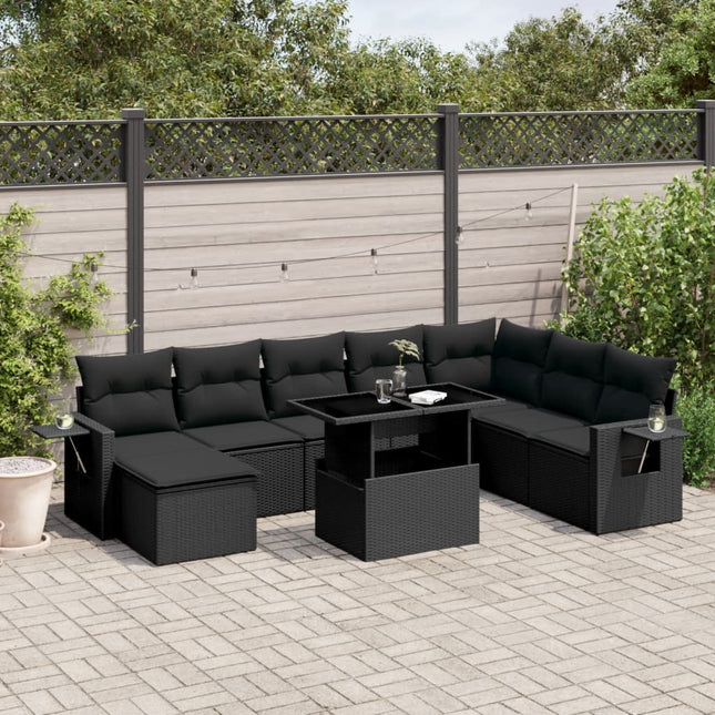 8-delige Loungeset met kussens poly rattan zwart