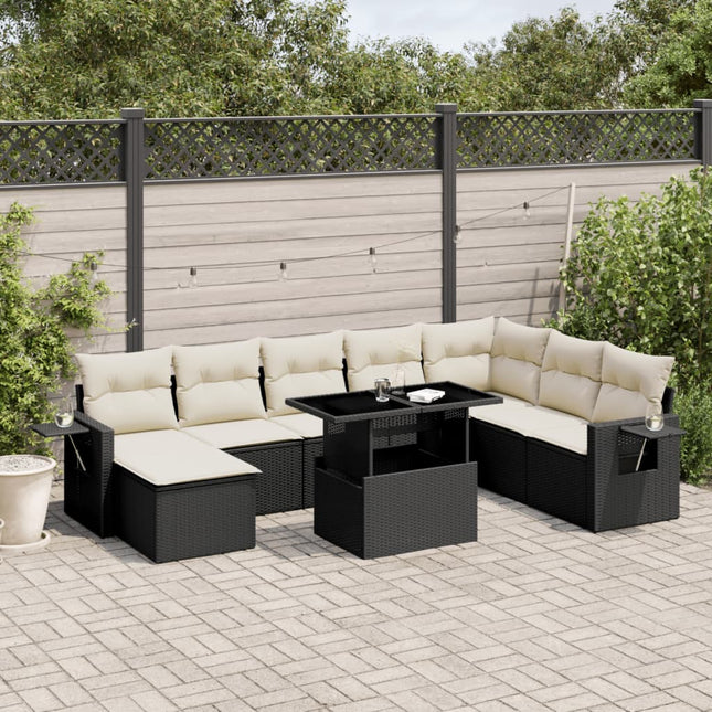 8-delige Loungeset met kussens poly rattan zwart