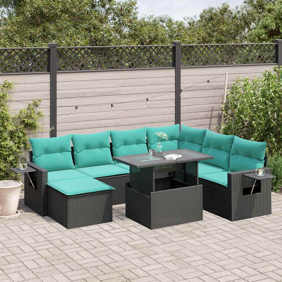 8-delige tuinbankset met kussens, zwart polyrotan