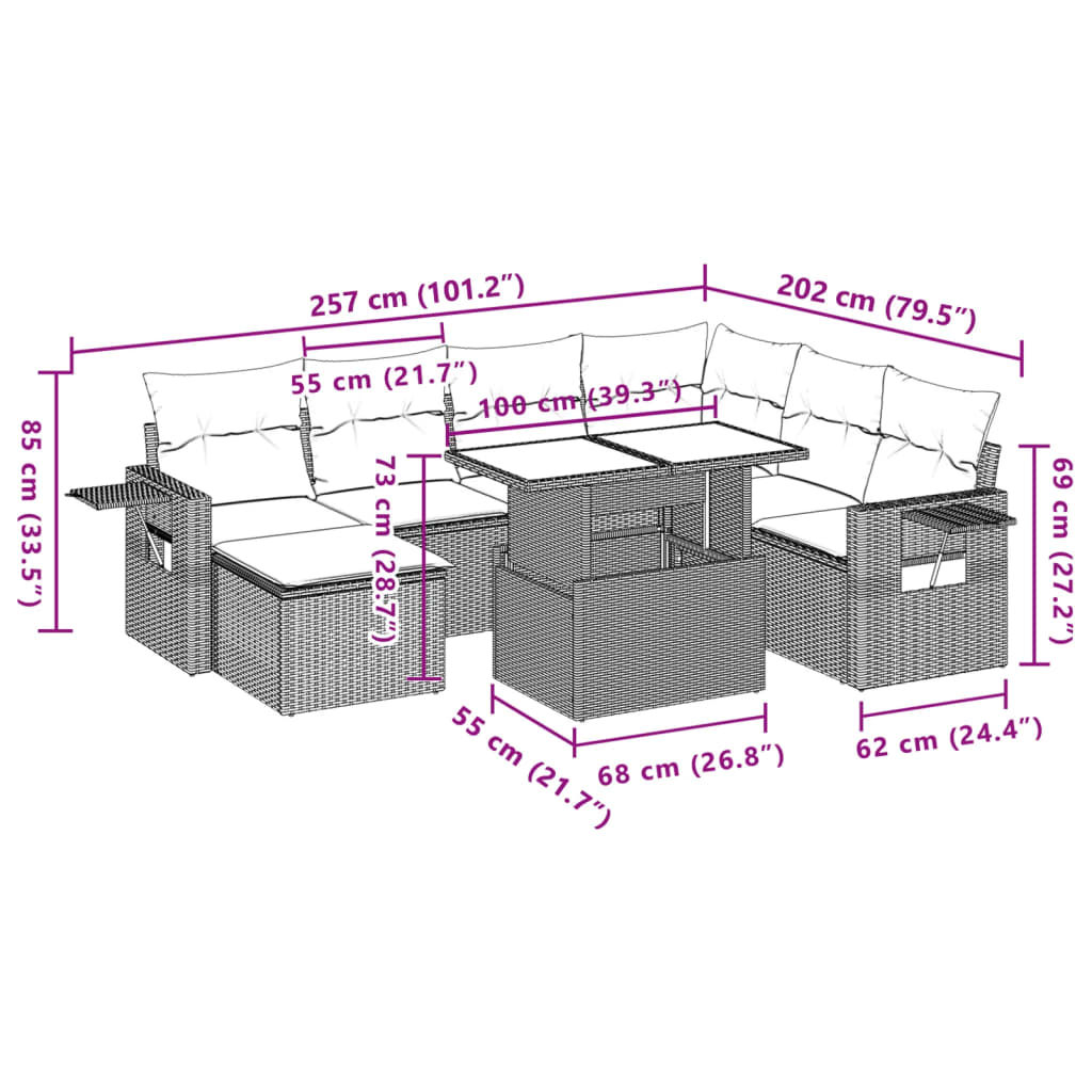 8-delige Loungeset met kussens poly rattan beige