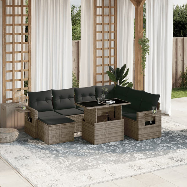 8-delige Loungeset met kussens poly rattan grijs