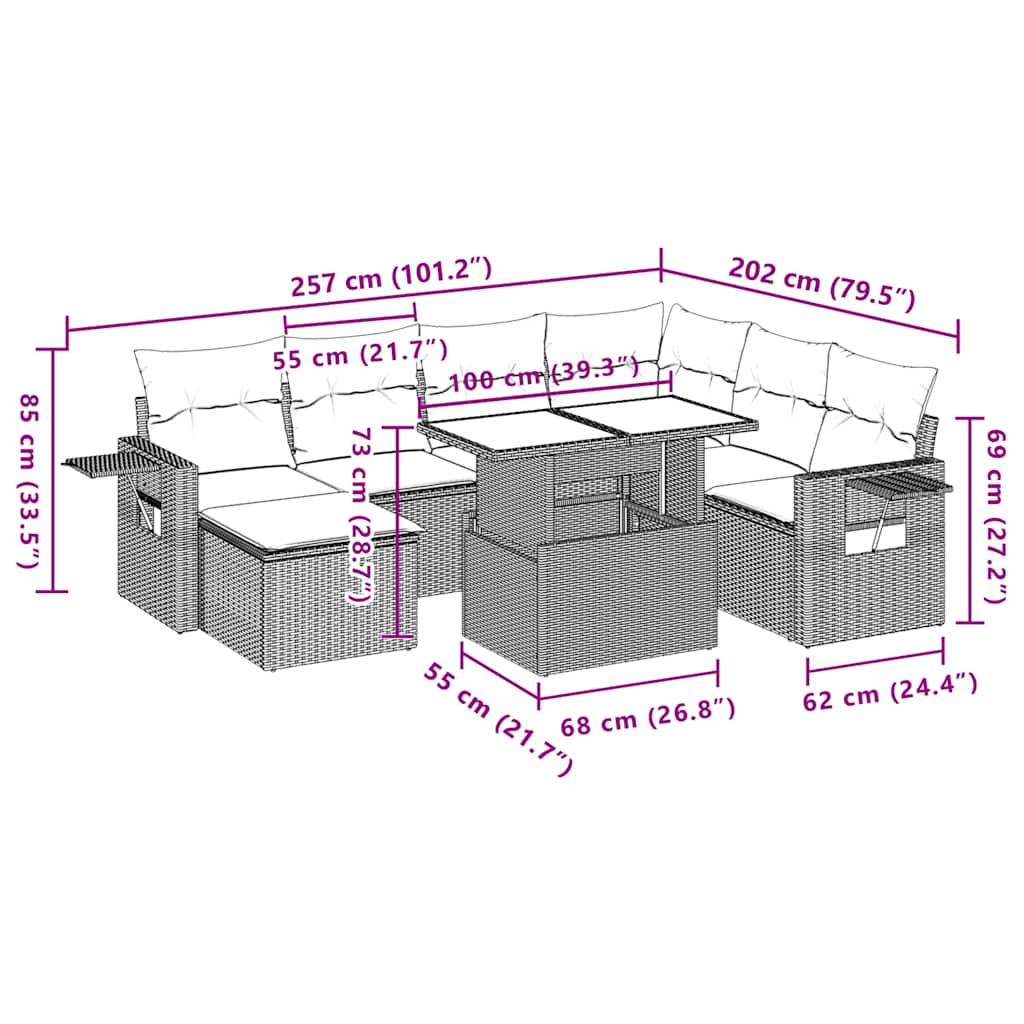 8-delige tuinbankset met kussens, grijs polyrotan
