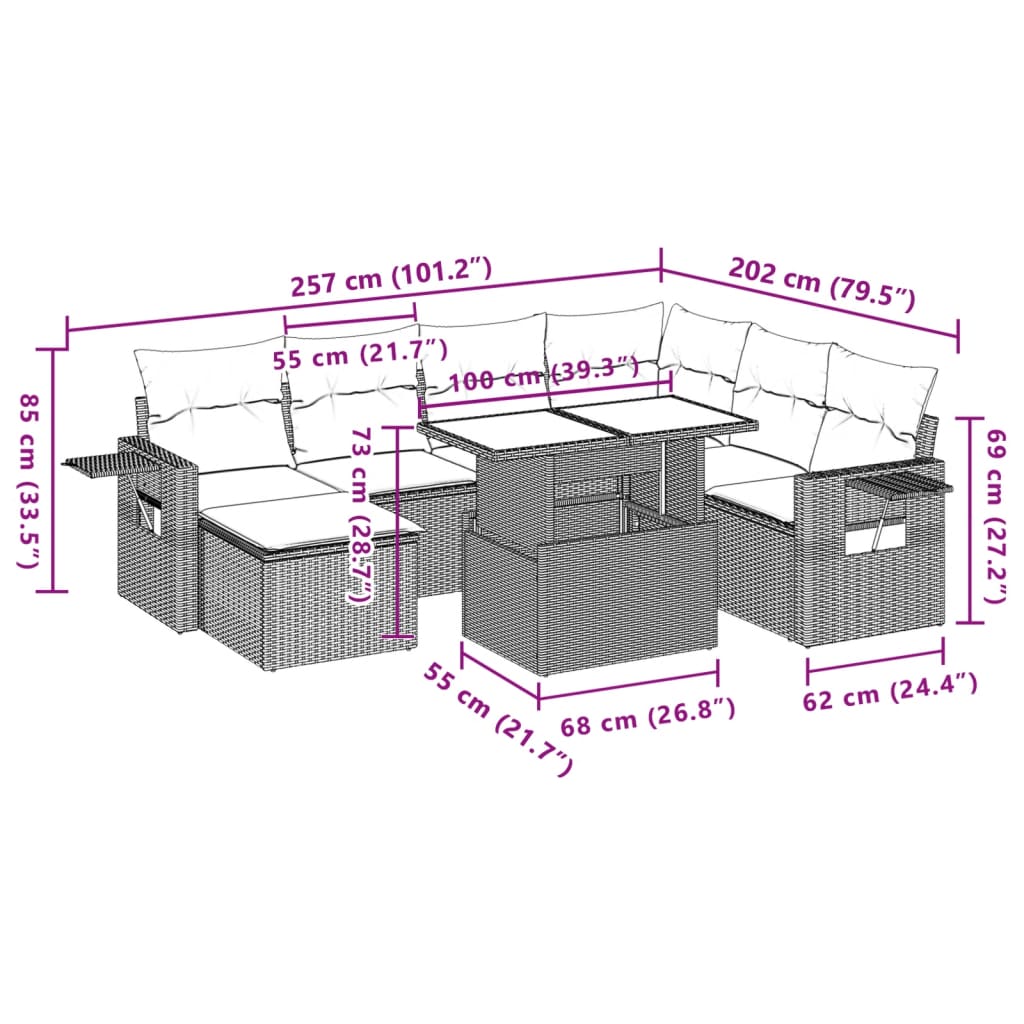8-delige Loungeset met kussens poly rattan lichtgrijs