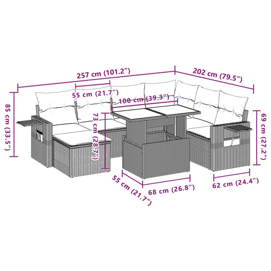 8-delige Loungeset met kussens poly rattan lichtgrijs