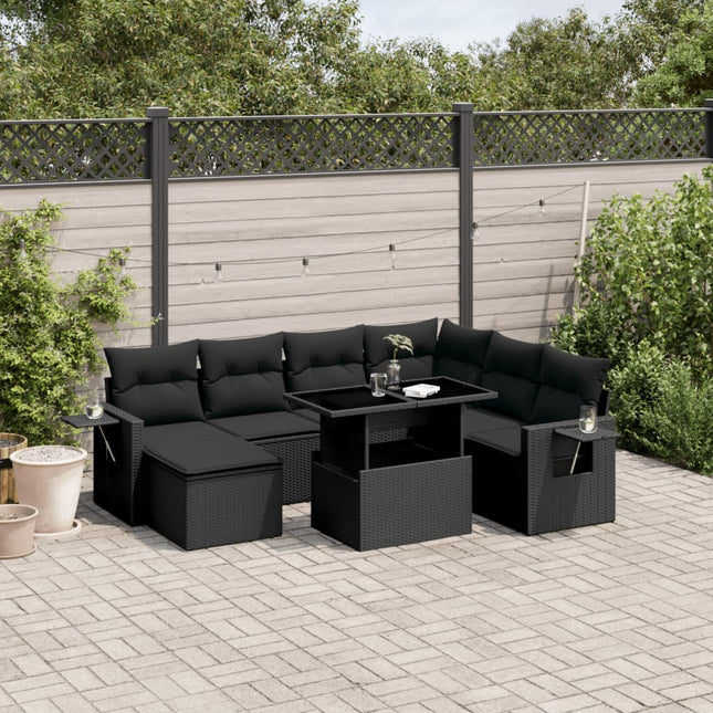 9-delige Loungeset met kussens poly rattan zwart