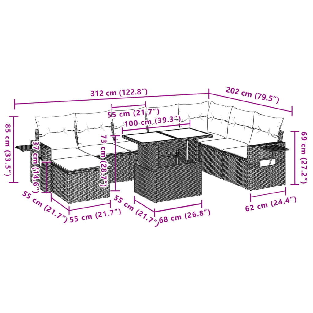 9-delige Loungeset met kussens poly rattan zwart