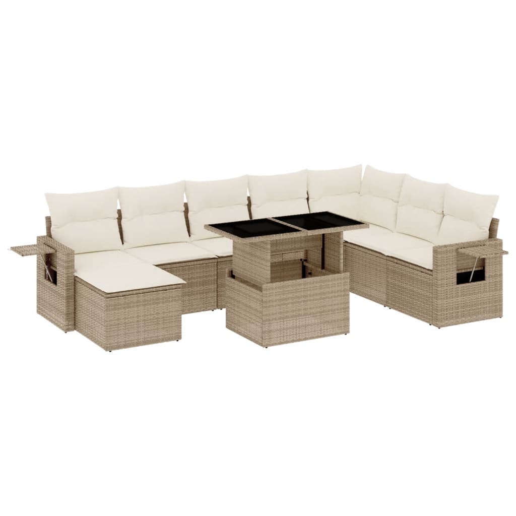9-delige Loungeset met kussens poly rattan beige