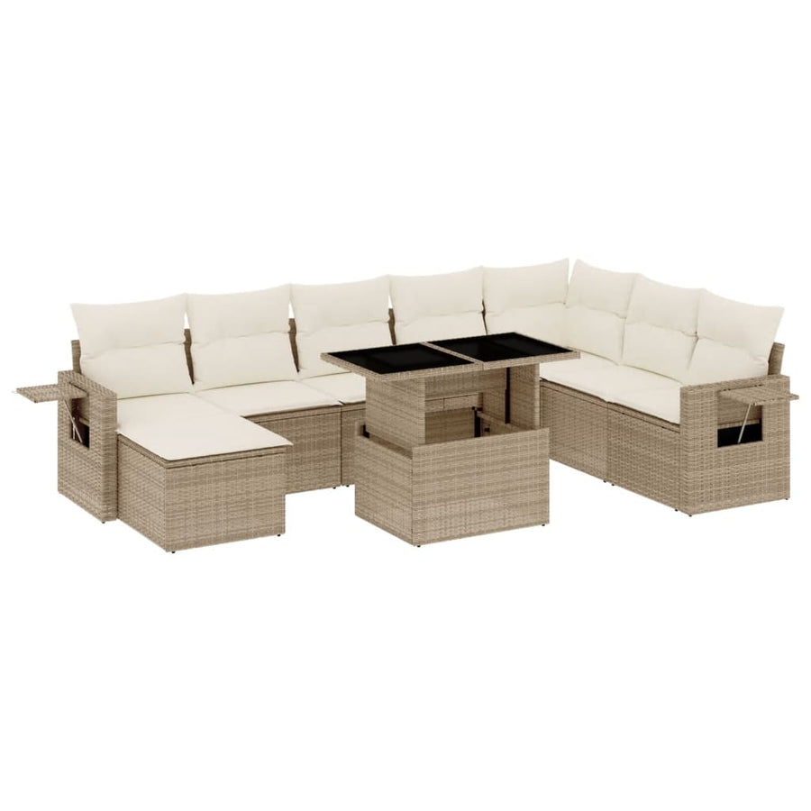 9-delige Loungeset met kussens poly rattan beige
