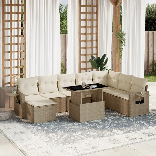 9-delige Loungeset met kussens poly rattan beige