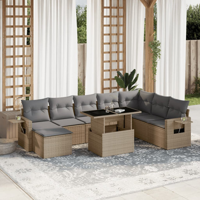 9-delige Loungeset met kussens poly rattan beige