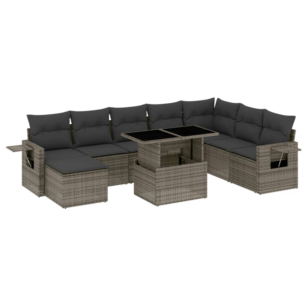 9-delige Loungeset met kussens poly rattan grijs