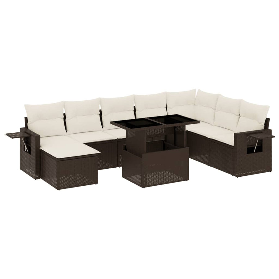 9-delige Loungeset met kussens poly rattan bruin