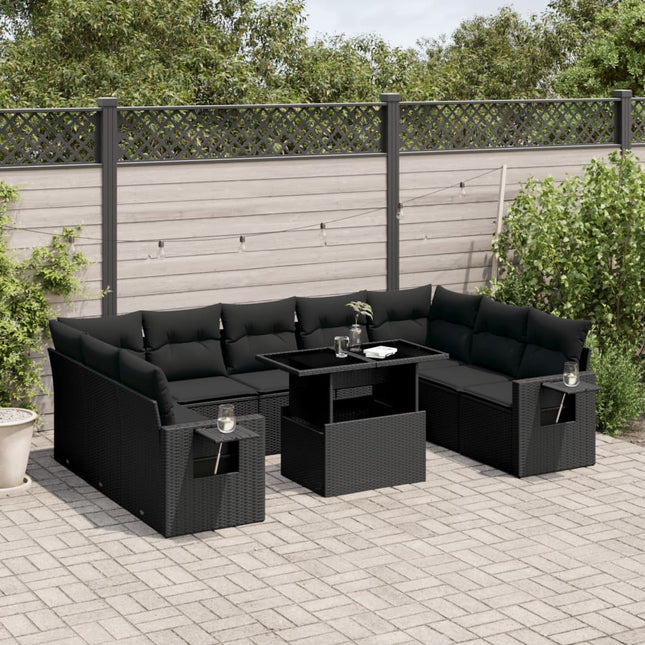 10-delige Loungeset met kussens poly rattan zwart