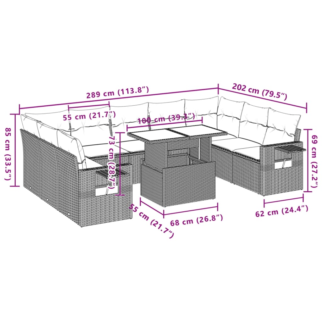 10-delige Loungeset met kussens poly rattan zwart