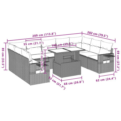 10-delige Loungeset met kussens poly rattan zwart