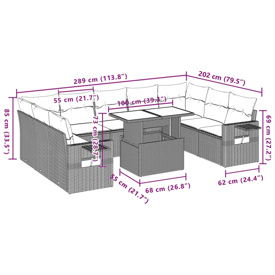 10-delige Loungeset met kussens poly rattan zwart