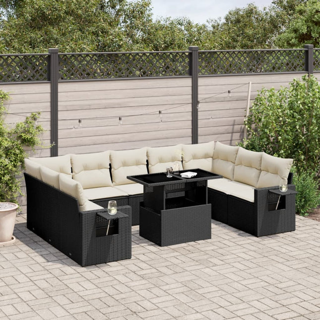 10-delige Loungeset met kussens poly rattan zwart