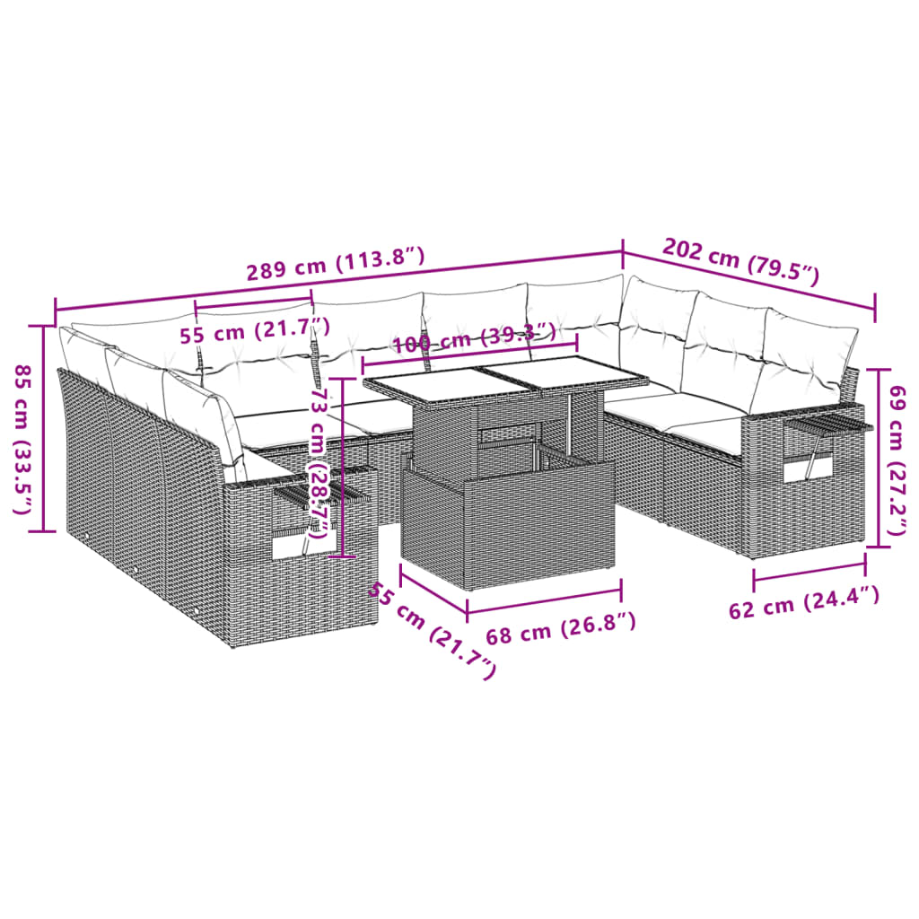 10-delige Loungeset met kussens poly rattan grijs