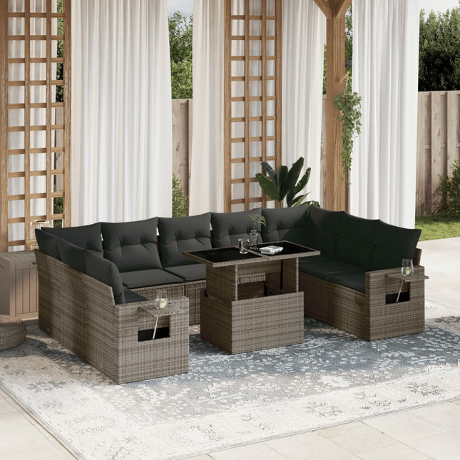 10-delige Loungeset met kussens poly rattan grijs