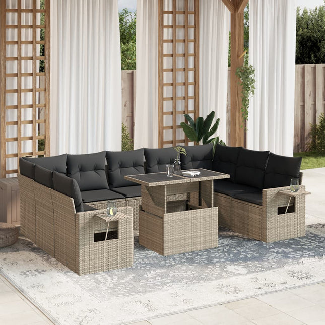 10-delige Loungeset met kussens poly rattan lichtgrijs