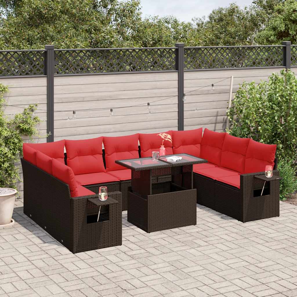 10-delige tuinbankset met kussens, bruin polyrotan