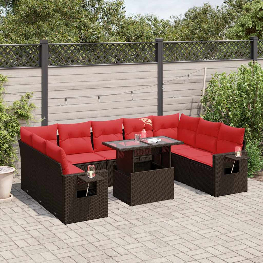 10-delige tuinbankset met kussens, bruin polyrotan